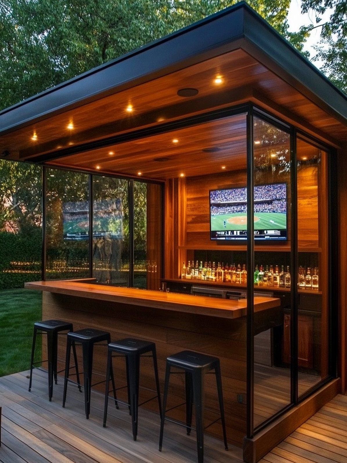 Modern outdoor wooden bar with black stools, television, and recessed ceiling lighting.