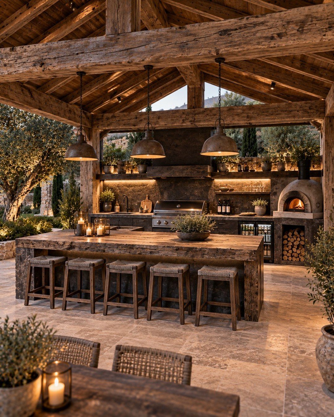 Rustic outdoor bar and kitchen with a wooden island and built-in pizza oven.