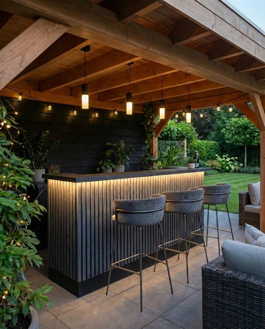 Outdoor bar under a wooden pergola with glowing countertops and hanging string lights.