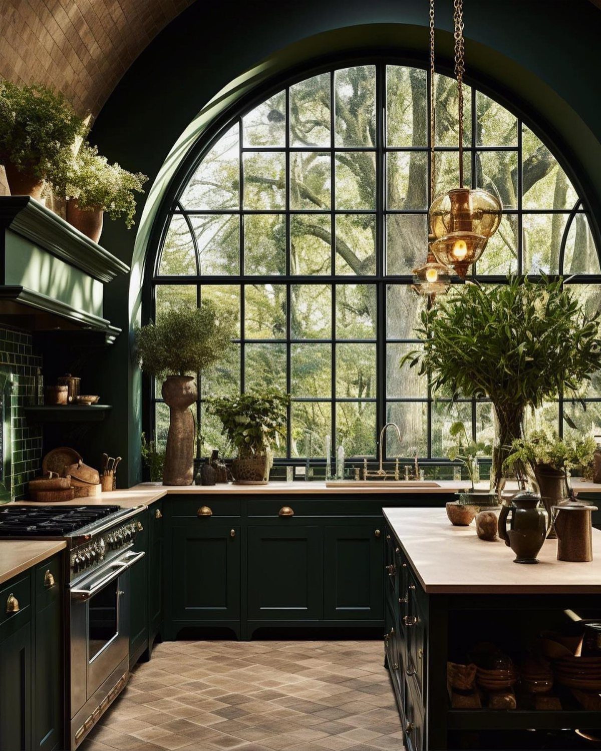 Dark green kitchen cabinets and black arched window with light wood countertops