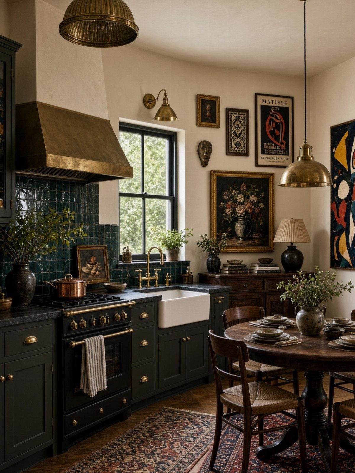 Dark green kitchen cabinets with brass fixtures, a white sink, and vintage decor.