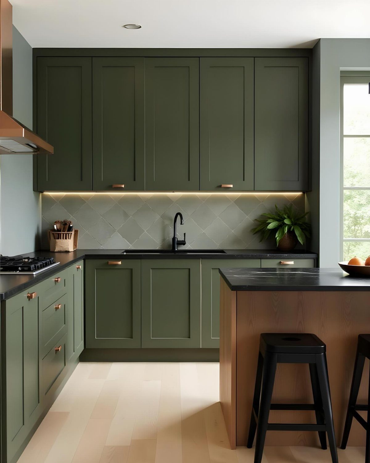 Dark green kitchen cabinets with black countertops, black stools, and light wood floors.