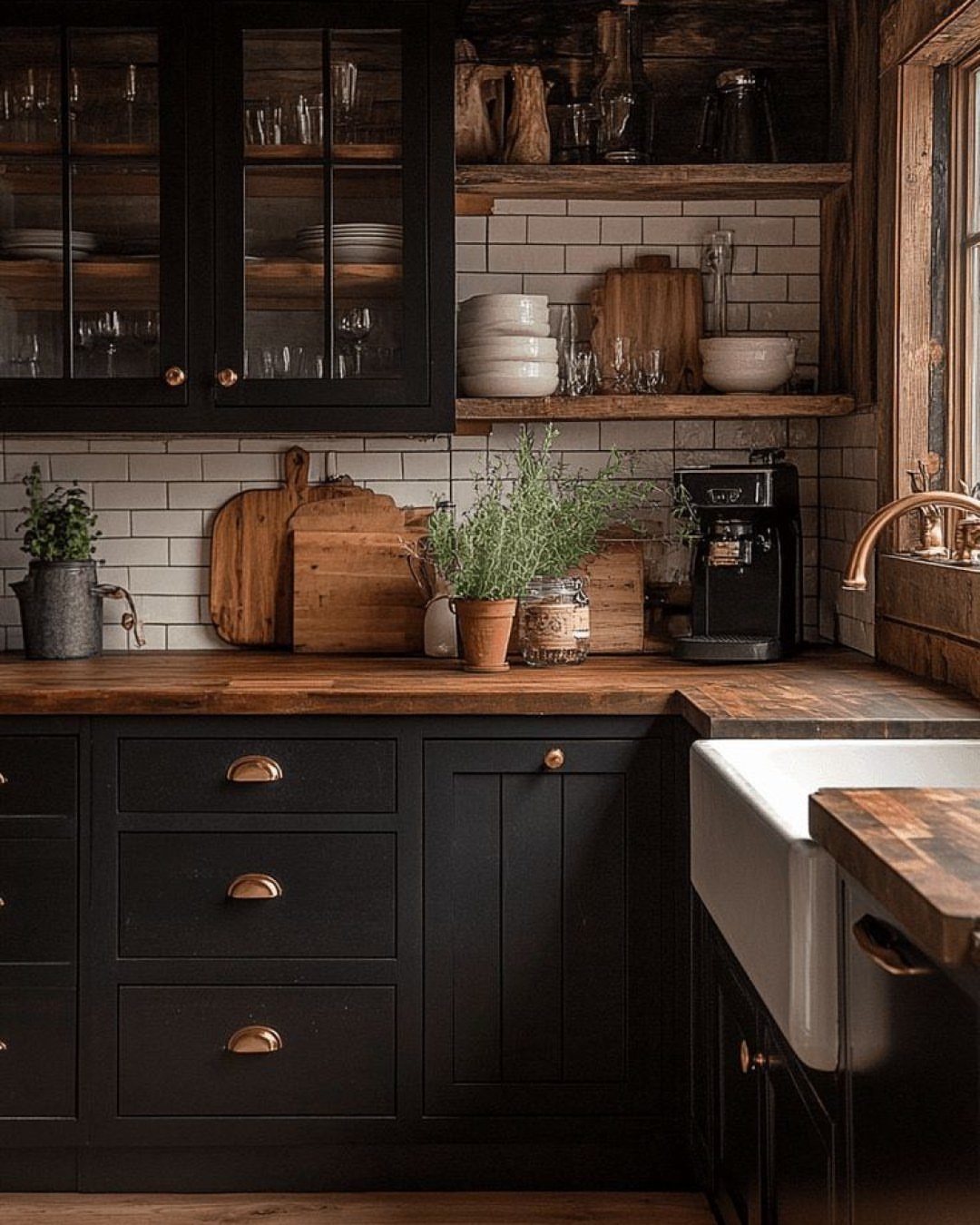 Black kitchen cabinets with wooden countertops and natural wood open shelving above.