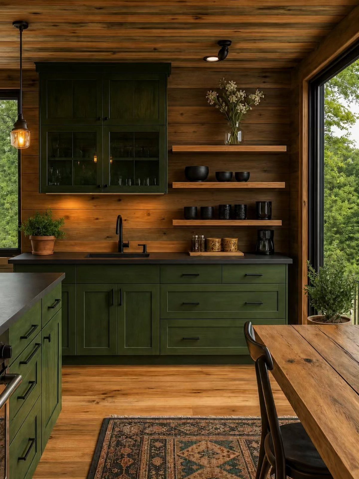 Dark green kitchen cabinets and black countertops against warm wooden walls and ceiling.