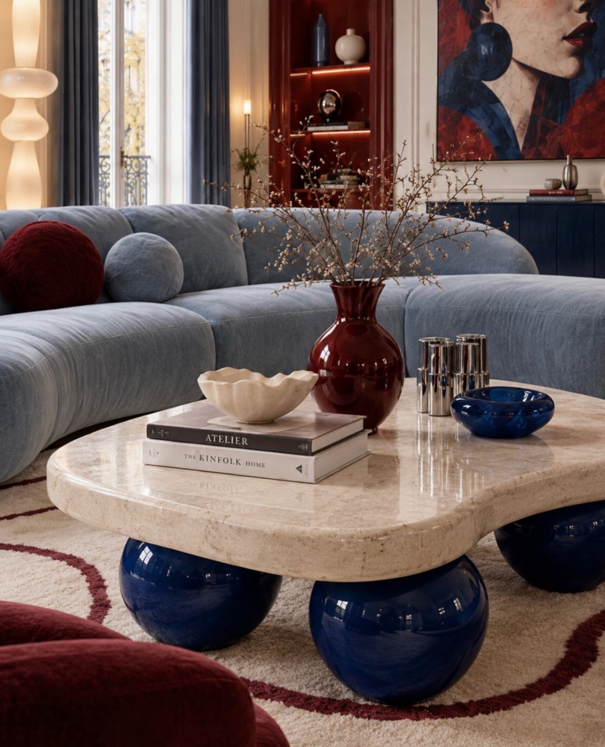 Marble coffee table with glossy blue spherical legs in a modern living room
