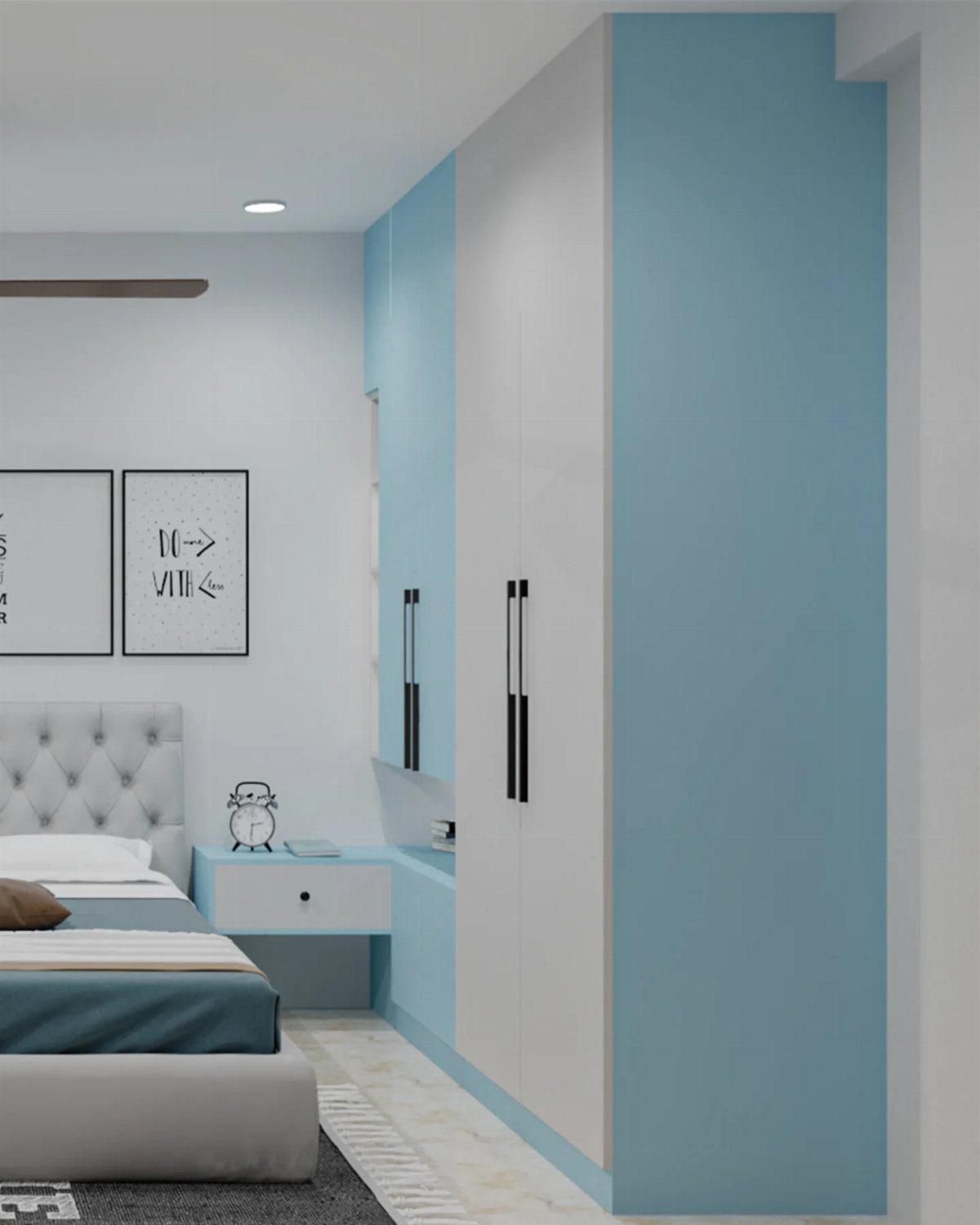 Light blue floating bedside table next to a grey bed in a modern room.
