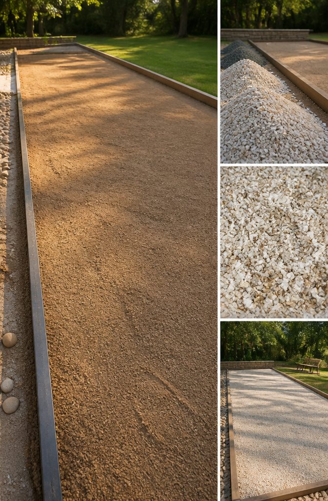 Decomposed granite spread across the bocce ball court area.