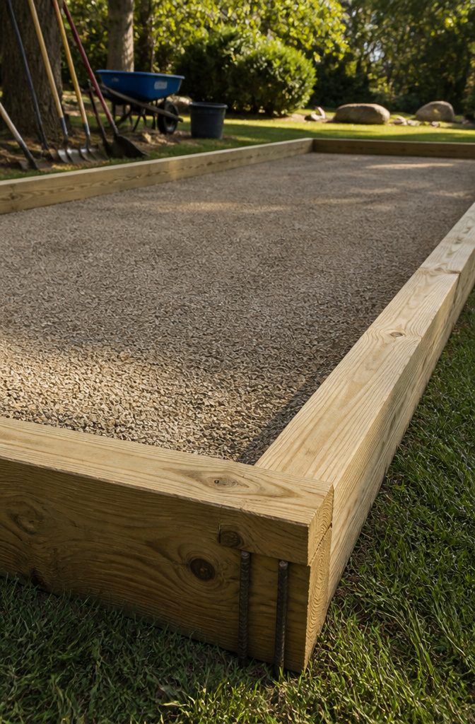 Wooden border secured around a bocce ball court.