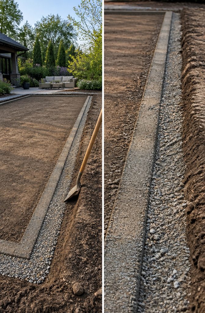 Excavated ground ready for bocce ball court construction.
