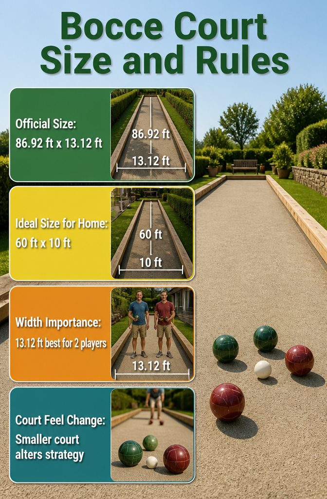 Chart showing bocce court size rules and casual play options.