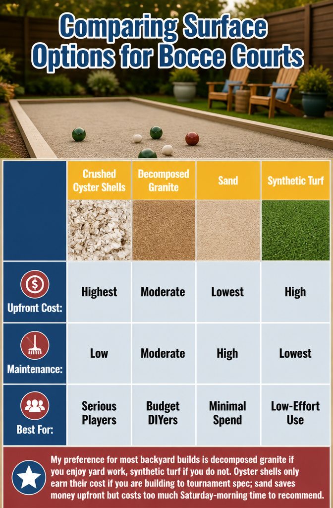 Comparison chart of bocce court surface materials.