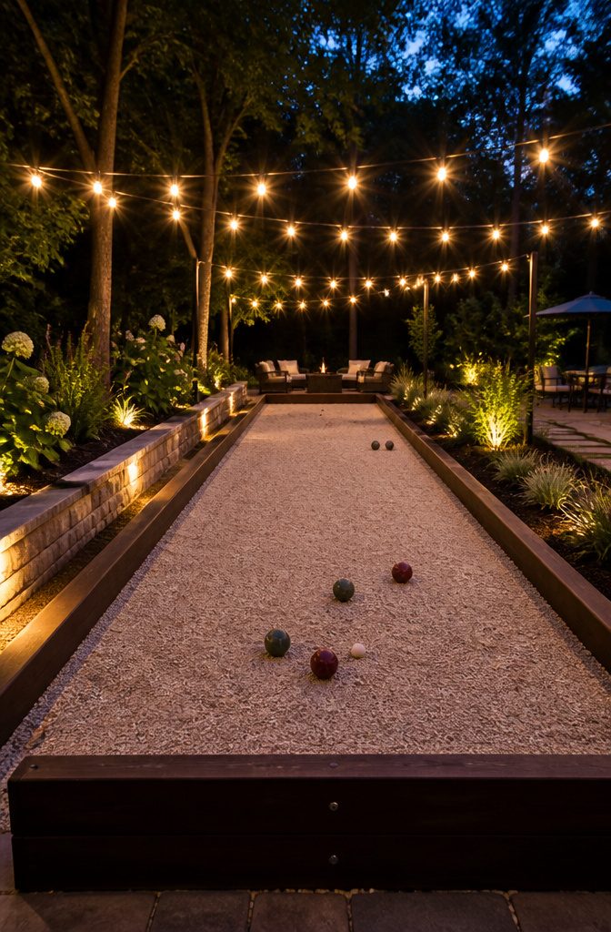 End boards and string lights around a bocce ball court.