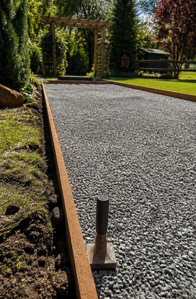 Layer of crushed stone compacted for bocce ball court drainage.