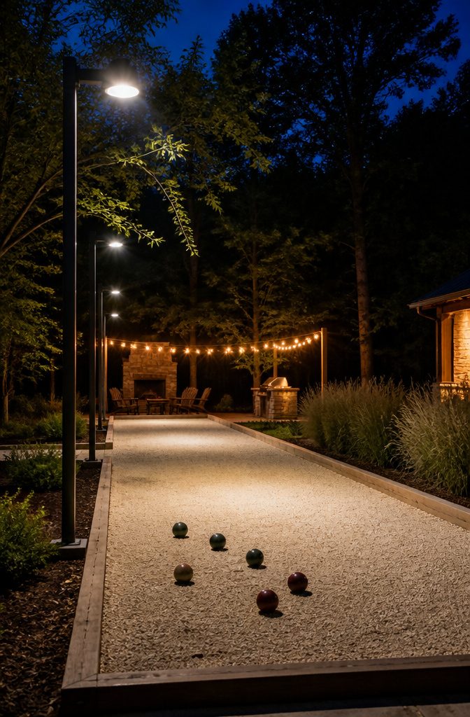 Bocce ball court lit by LED lights for nighttime play.