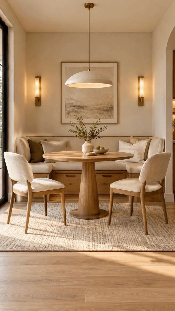 Built-in upholstered bench with wooden drawers and a round pedestal table in a nook.