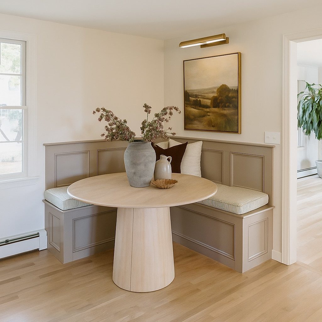 Round wooden table with a grey built-in corner banquette and striped cushions.