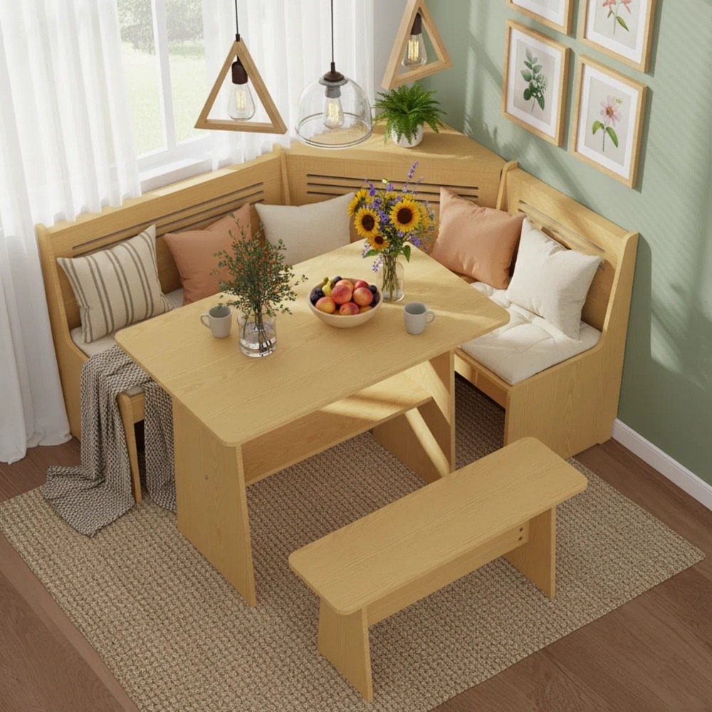 Wooden L-shaped breakfast nook with a matching table and bench in a bright room.