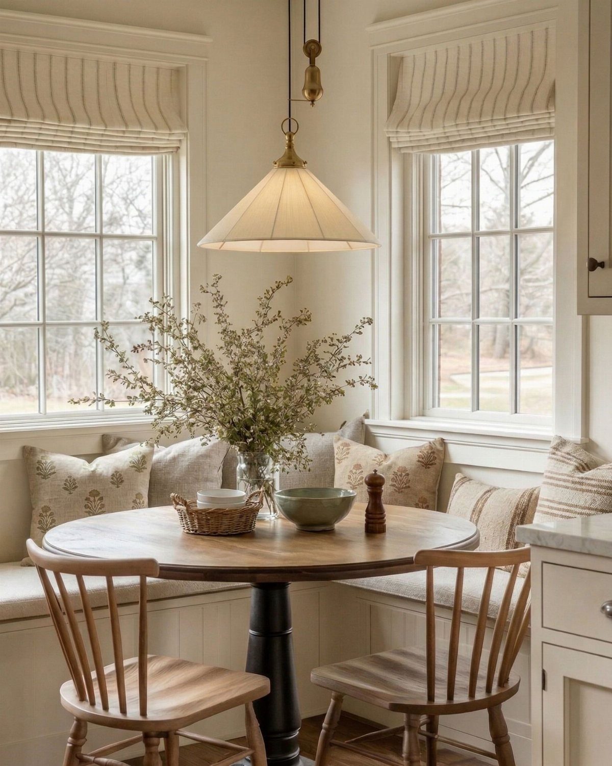 Conical pendant light hanging over a round wooden table in a bright breakfast nook.