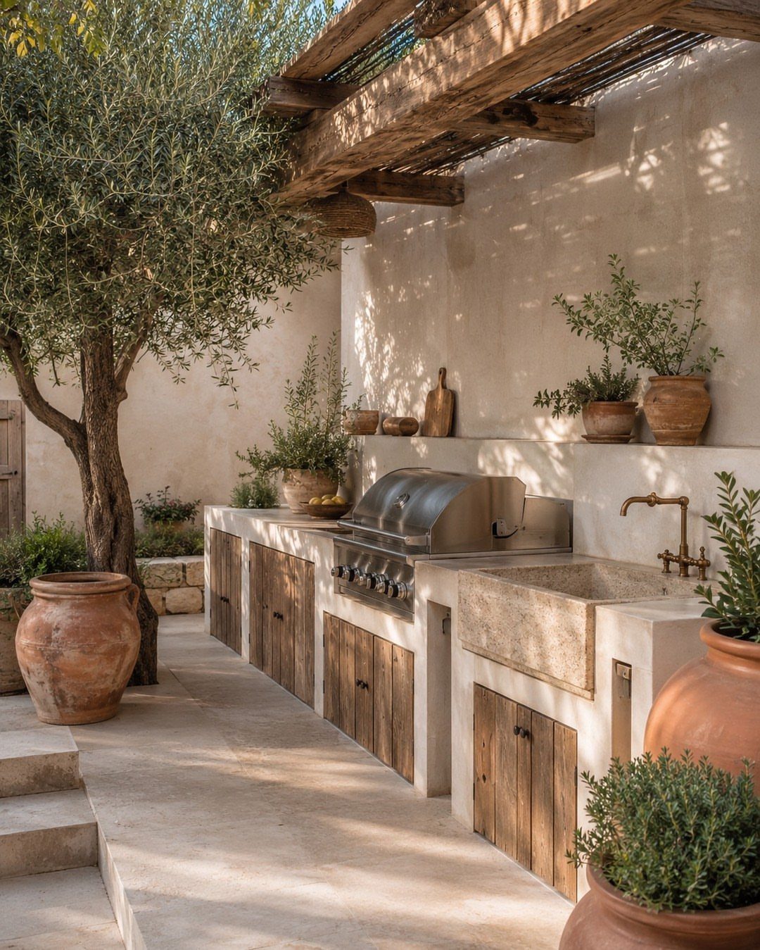 Outdoor kitchen with a built-in grill, stone sink, and wooden cabinets under a pergola.