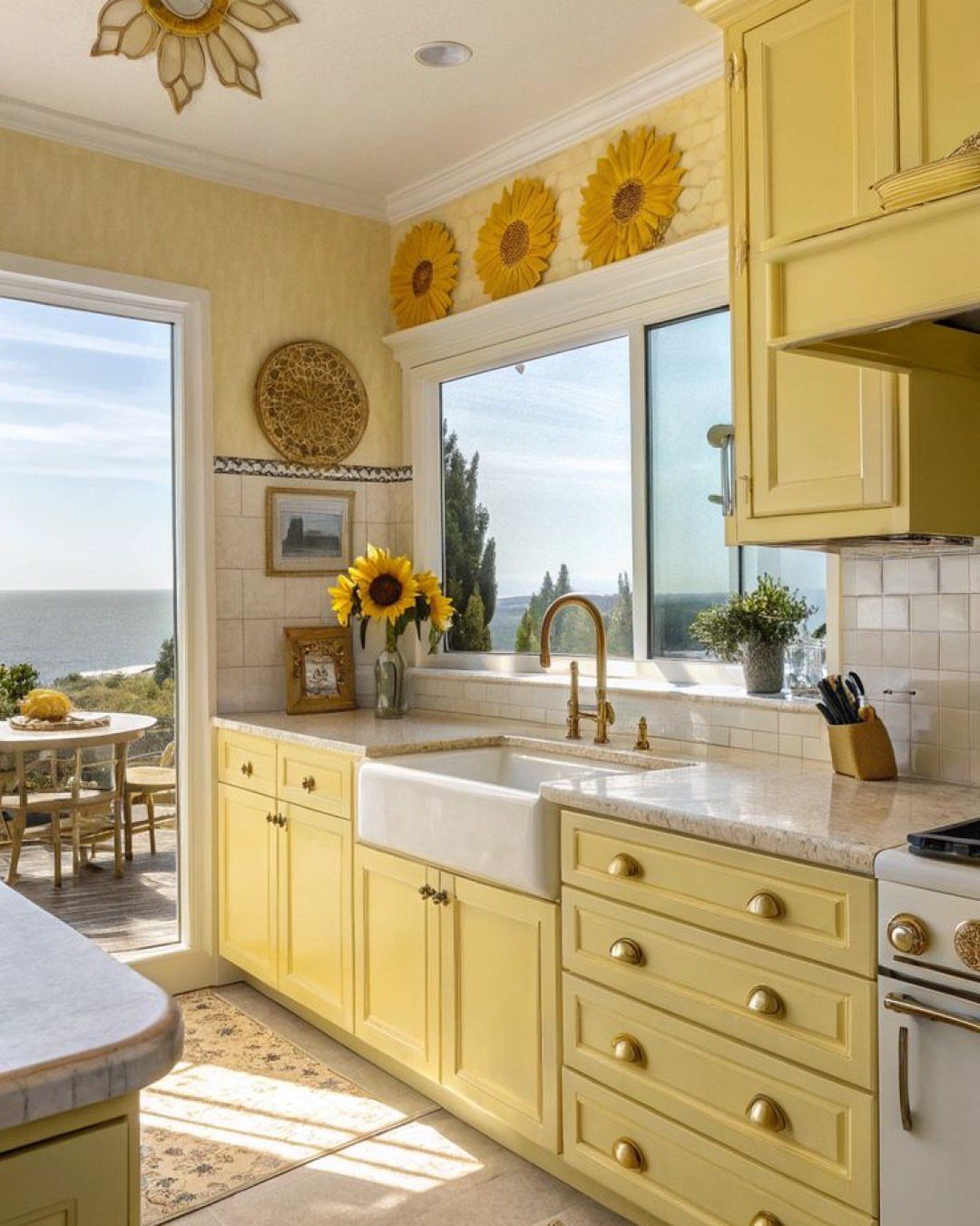 Pale yellow kitchen cabinets with a white farmhouse sink and sunflower wall decor.