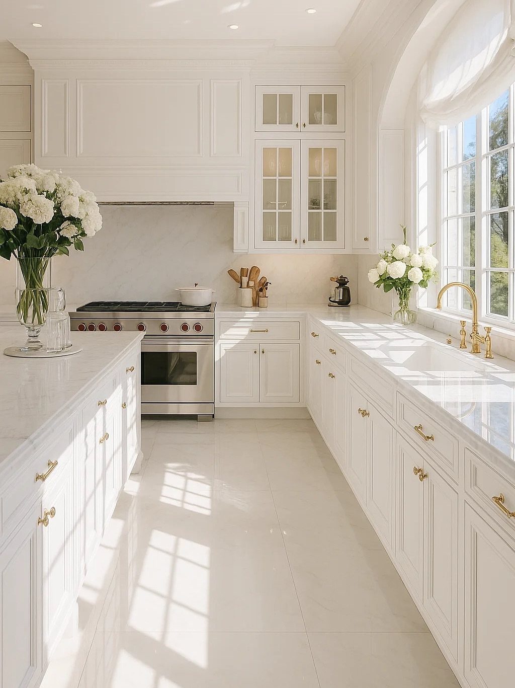 White shaker-style kitchen cabinets with gold hardware and bright white countertops and flooring.