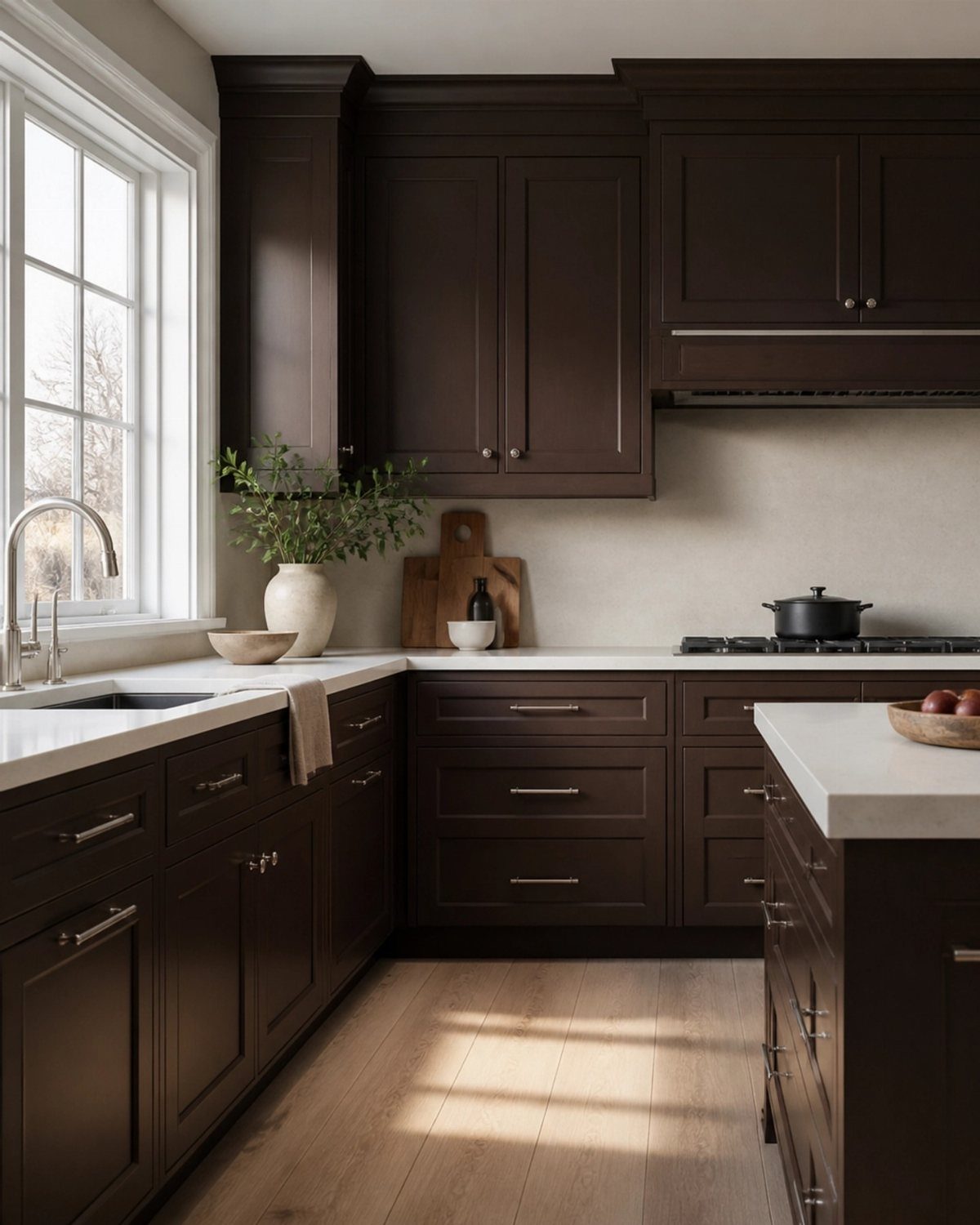 Dark espresso brown kitchen cabinets with white countertops and light wood floors.