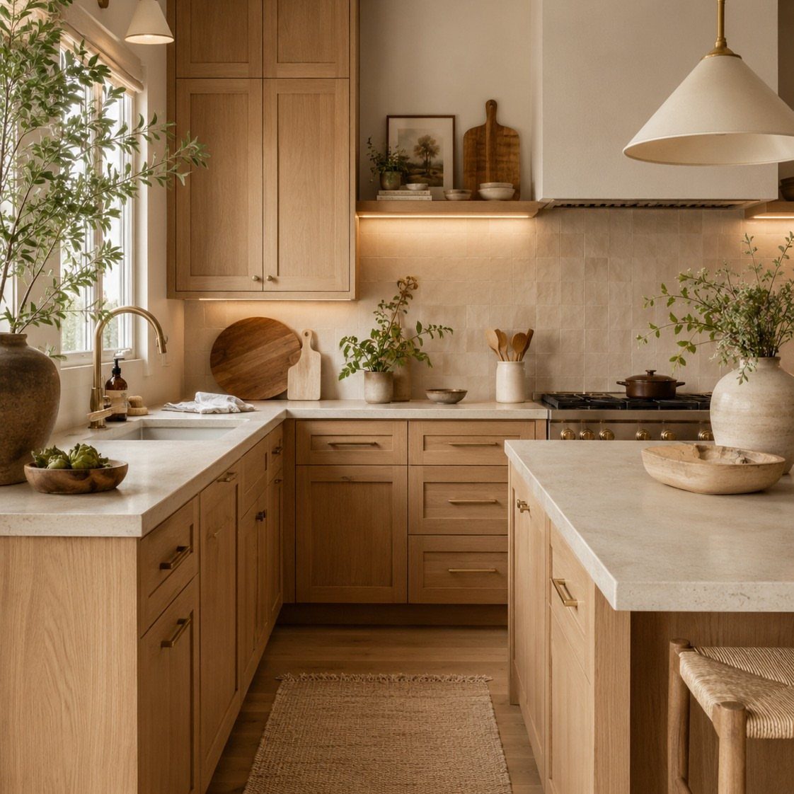 Light oak natural wood kitchen cabinets with white countertops and gold hardware.