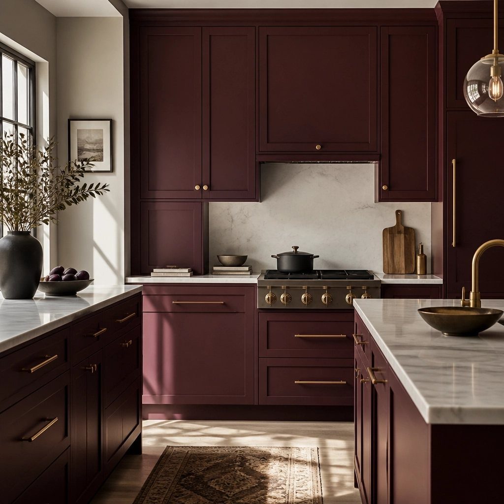 Deep burgundy kitchen cabinets with gold handles and white marble countertops and backsplash.