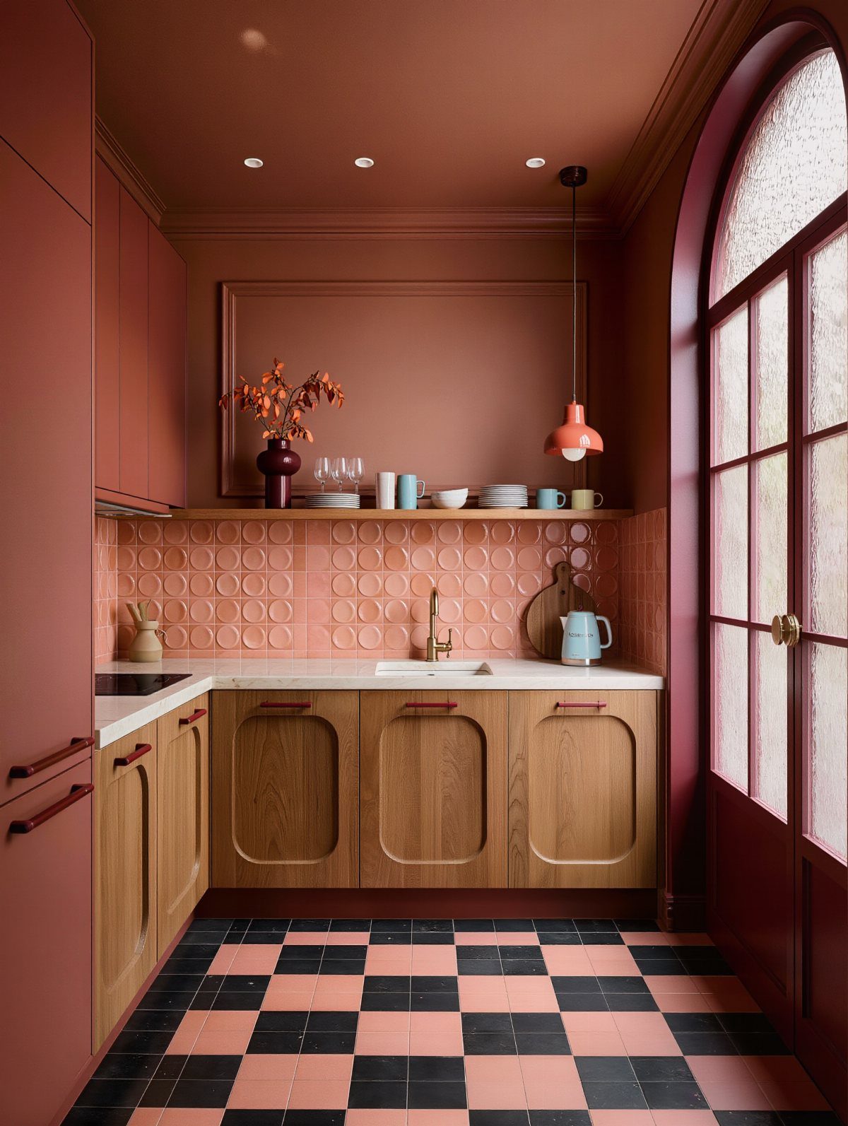 Terracotta walls and upper cabinets with light wood lower cabinets and checkered flooring.