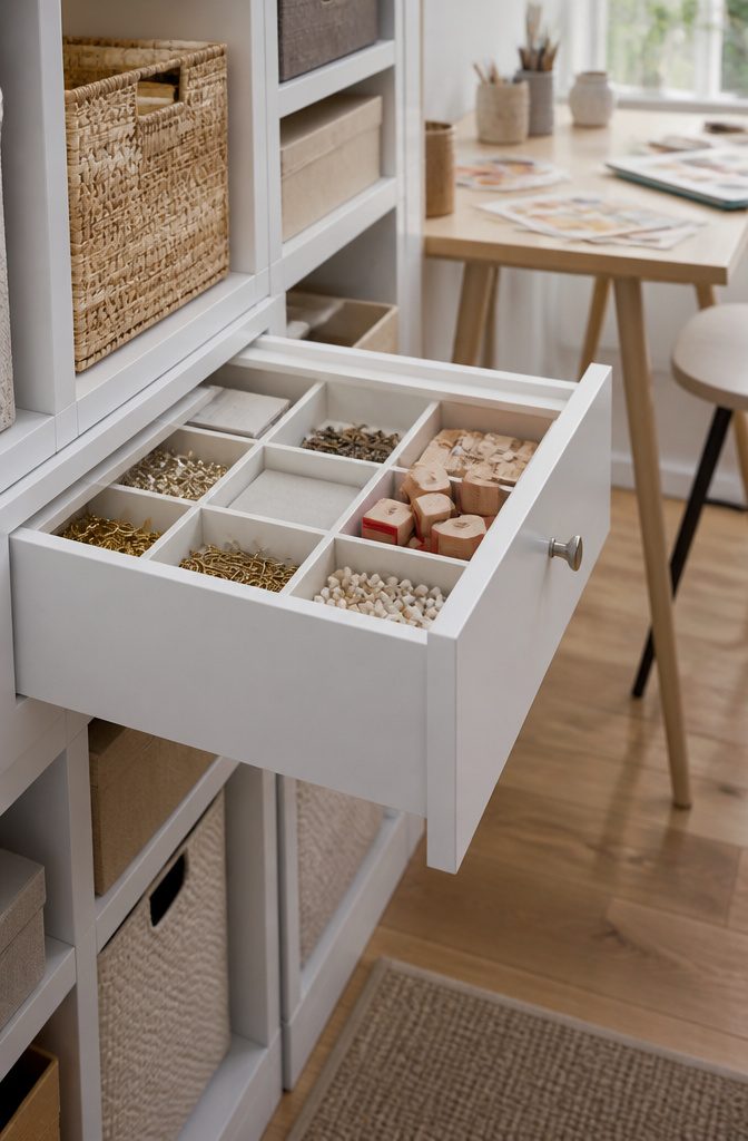 Accessory trays inside a clean white drawer organizing small supplies.