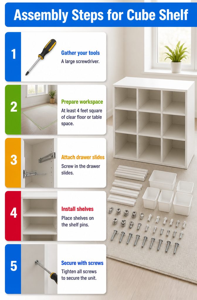 An assembly guide for a cube shelf unit with a screwdriver.