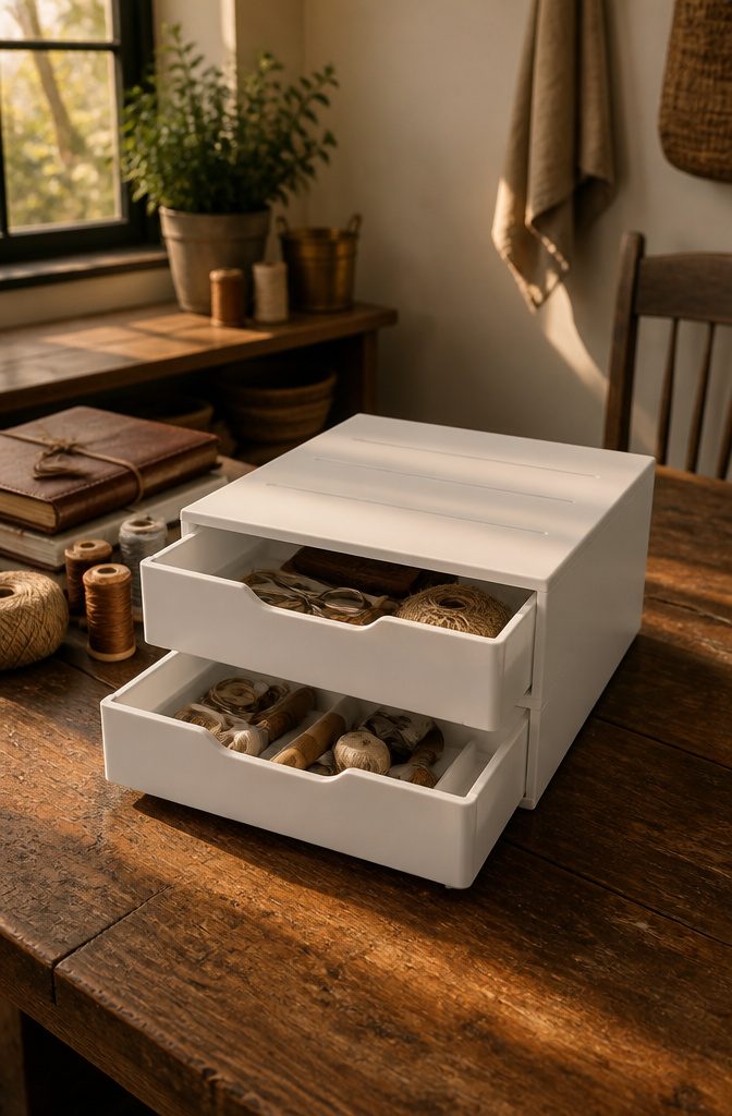 A double drawer partially open showing various craft tools inside.