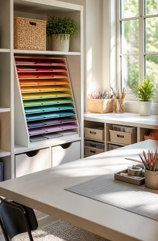 A slanted paper shelf displaying colorful scrapbook paper.
