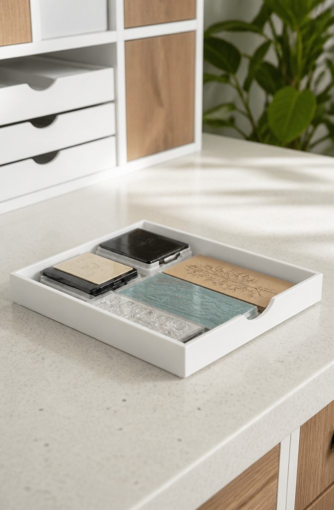A one-inch single drawer filled with craft supplies like ink pads and stencils.