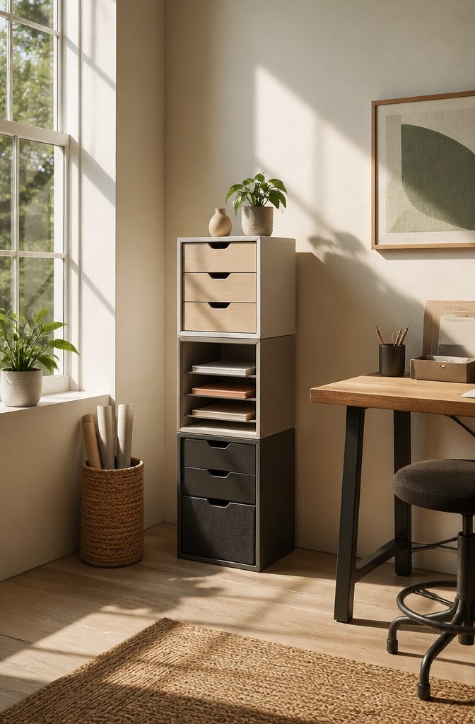 A single storage cube placed neatly on a desk.