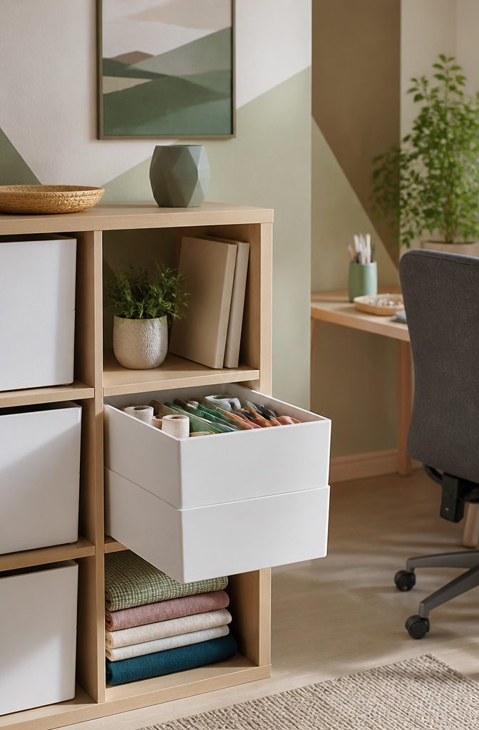 A triple drawer filled with stacked fabric bolts and craft tools.
