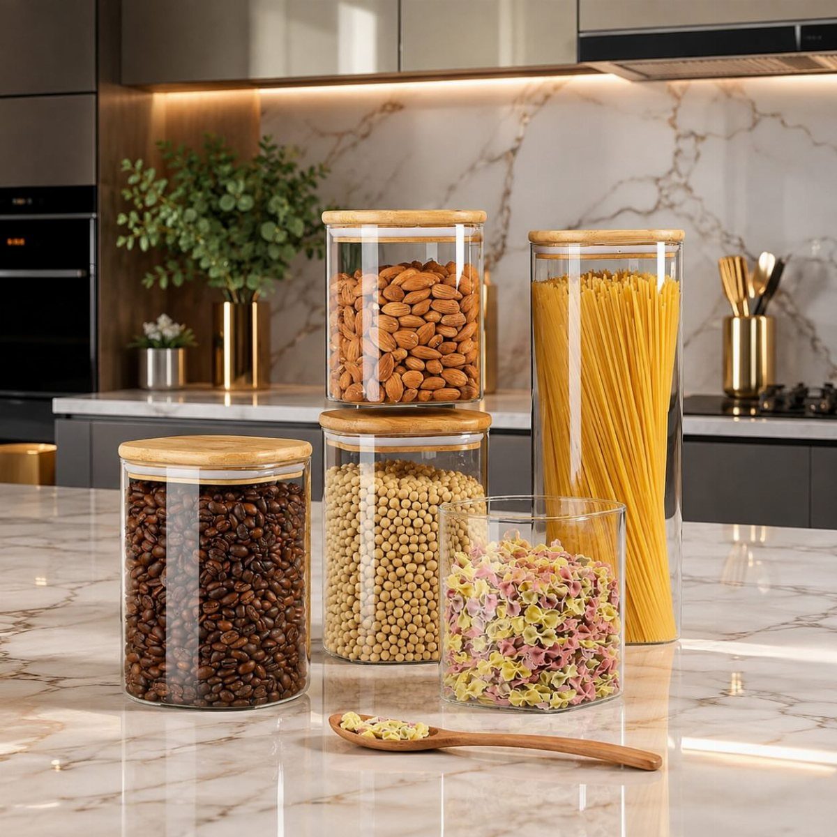 Glass storage jars with bamboo lids filled with dry foods on marble countertop