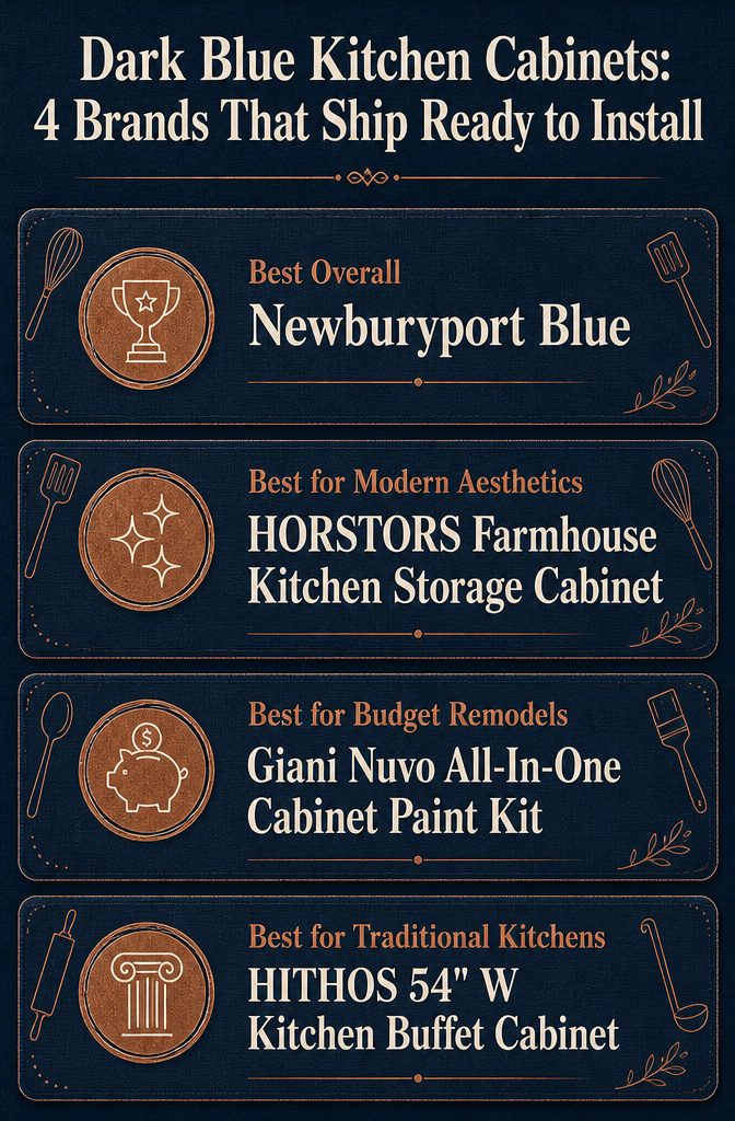 Infographic comparing four brands of dark blue kitchen cabinets
