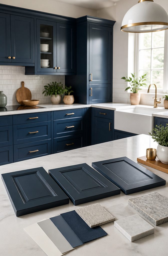Close-up of dark blue kitchen cabinets with solid wood frames and plywood boxes