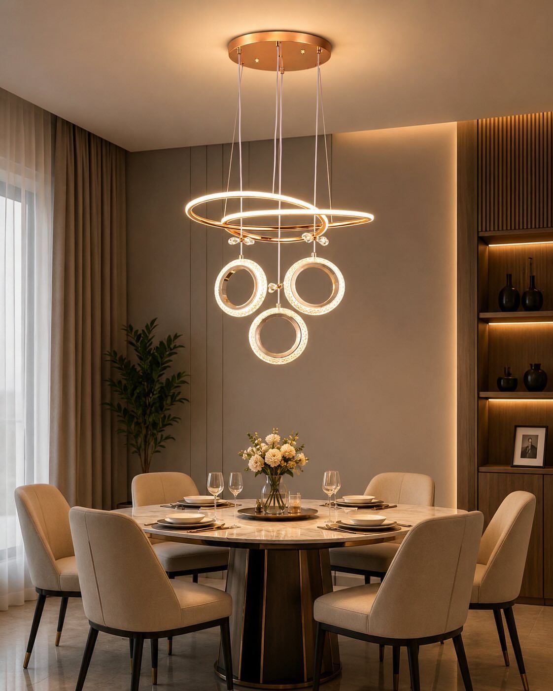 Modern gold circular chandelier hanging above a round marble dining table with beige chairs.