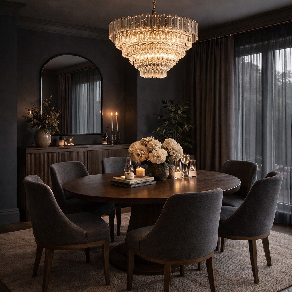 Dark wood round dining table with grey chairs under a crystal chandelier