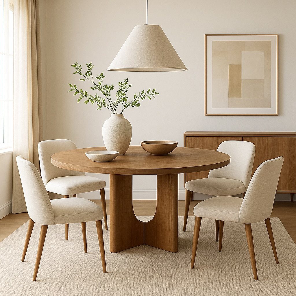 Round wooden dining table with low bowls, a vase, and cream chairs.