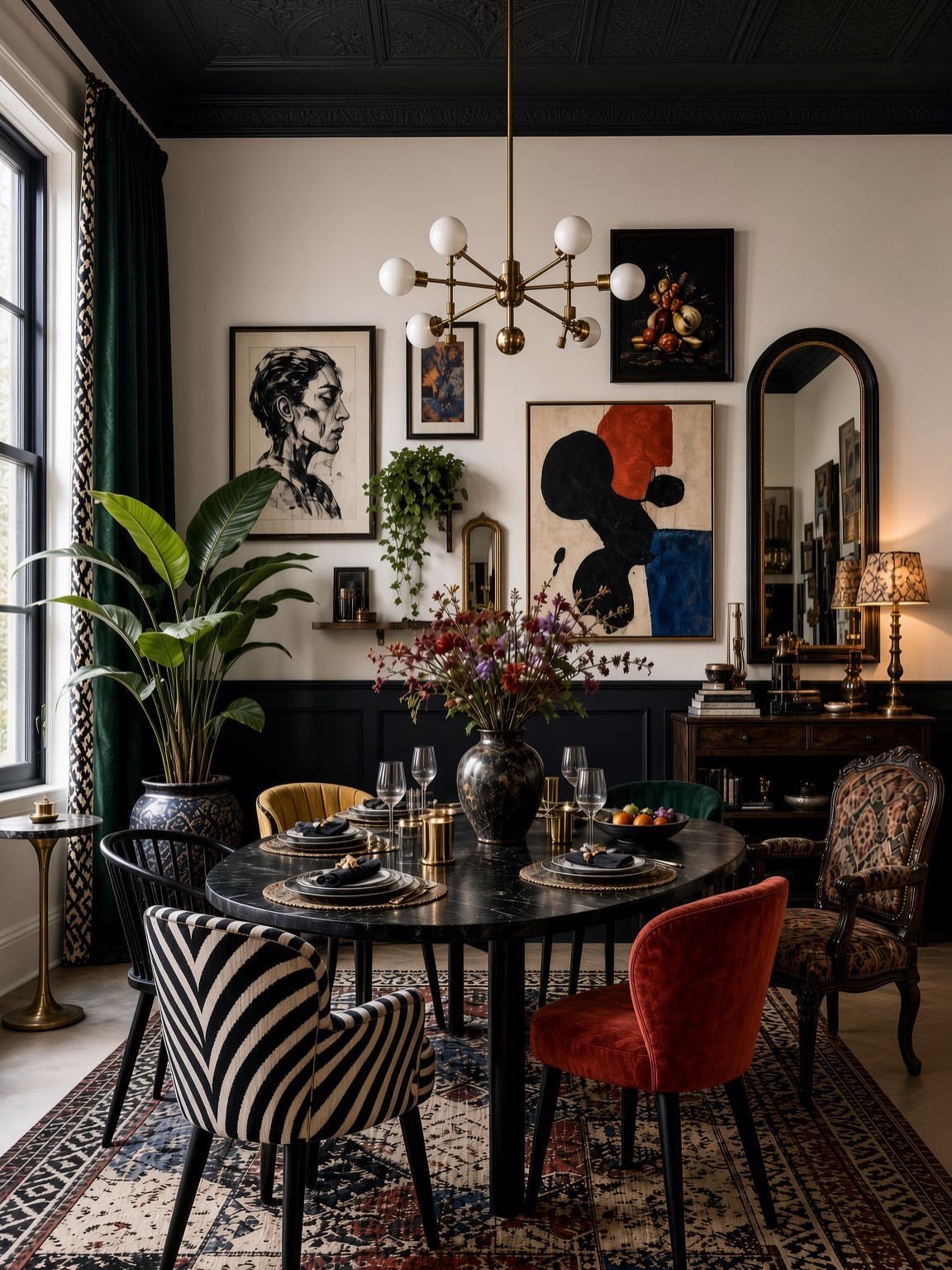 Eclectic dining room with a black round table and mismatched colorful chairs.