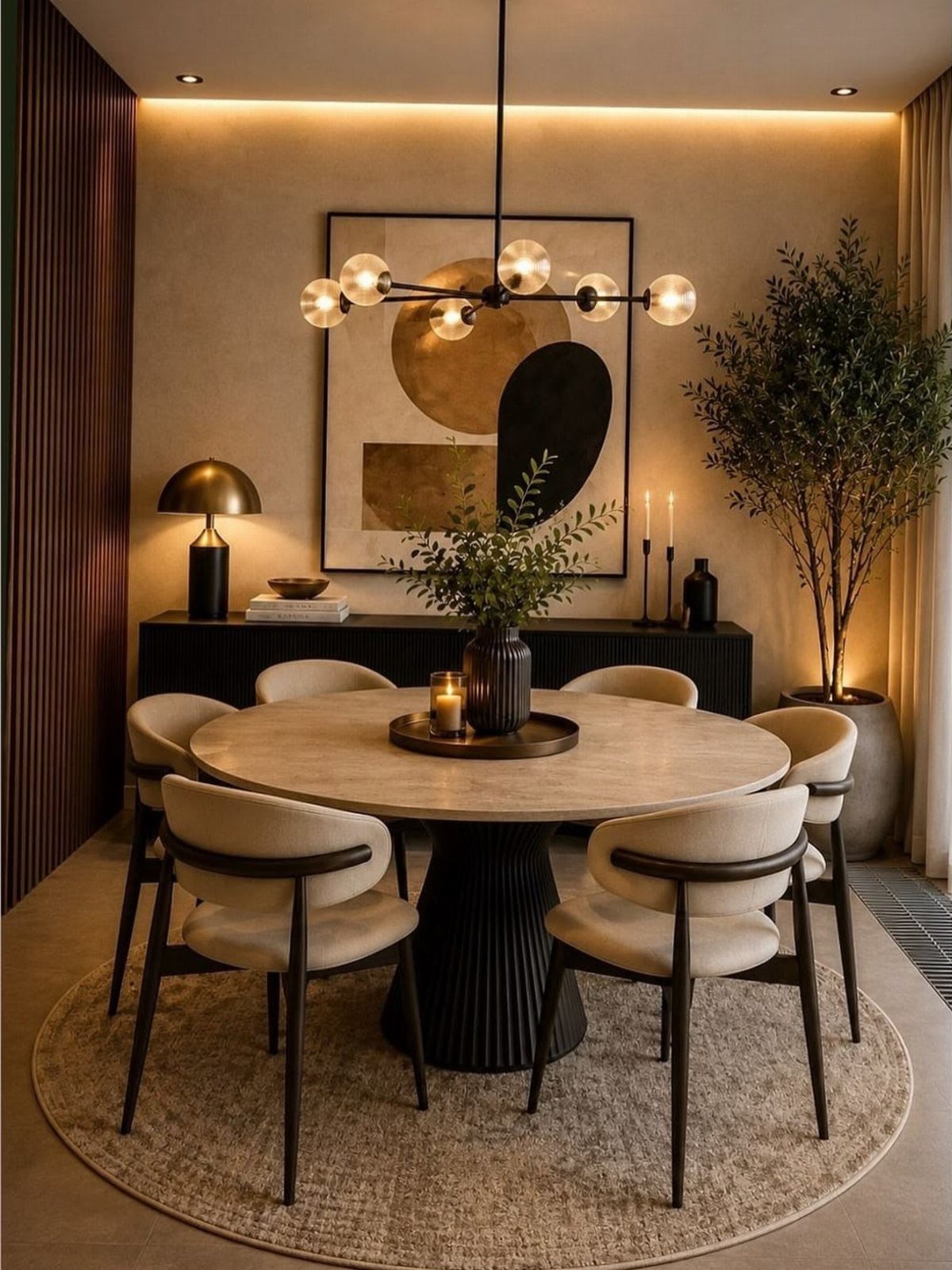 Round beige dining table with a low dark vase and greenery as centerpiece.