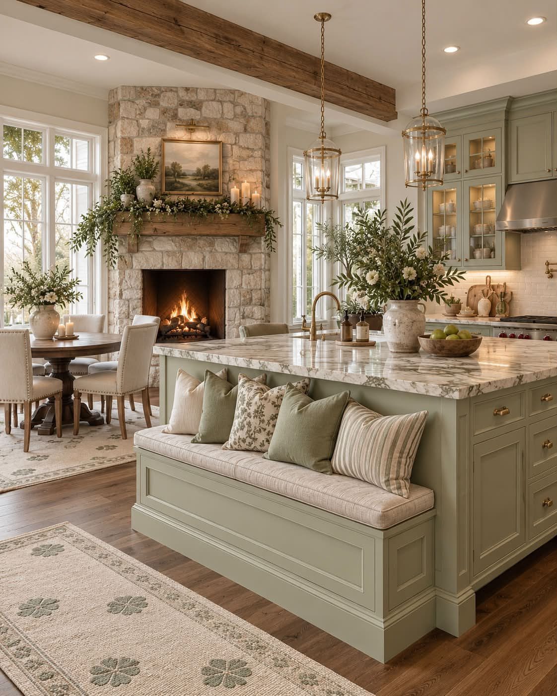Light green kitchen island with a built-in cushioned bench and marble countertop.