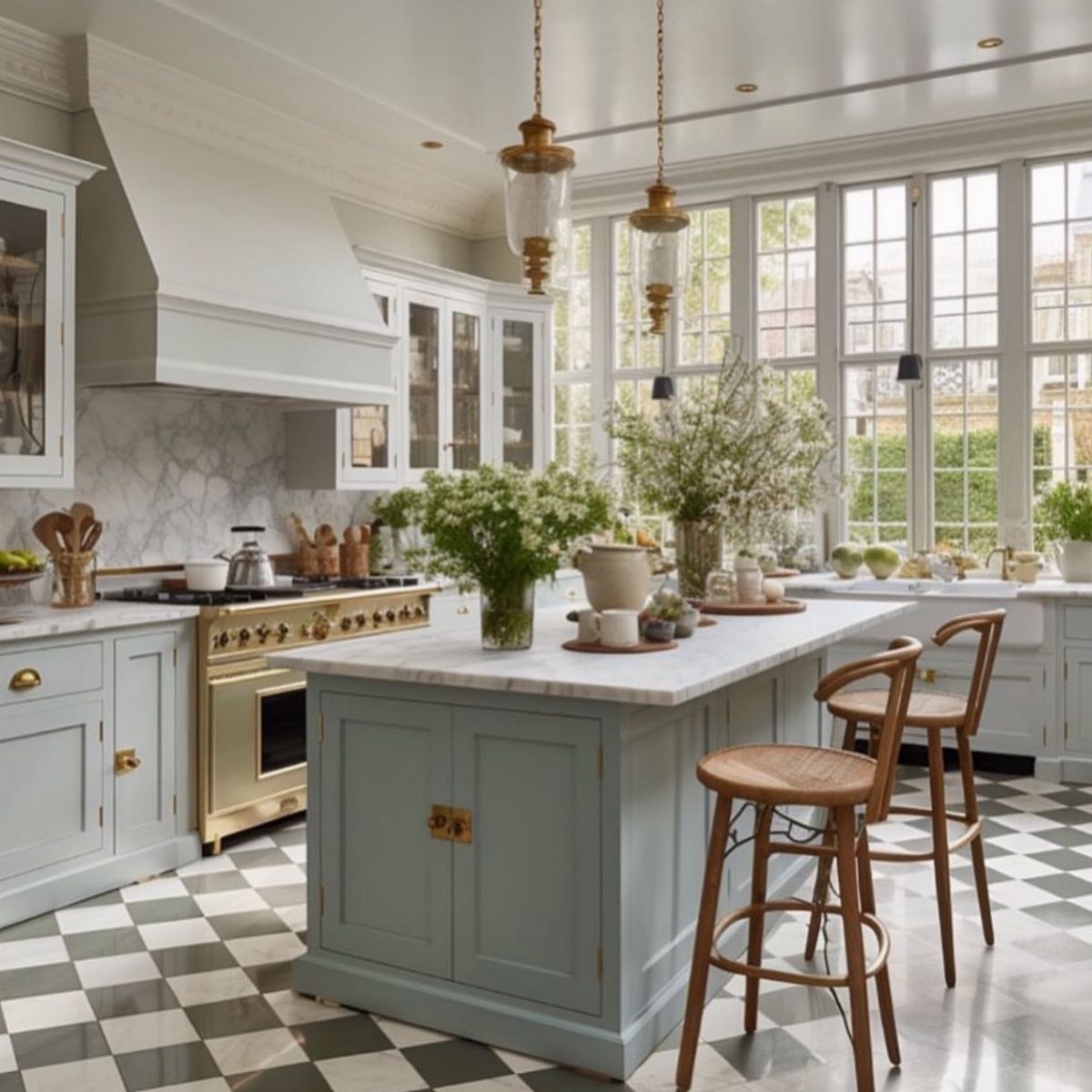 Light blue kitchen island with marble top and wooden stools in farmhouse kitchen