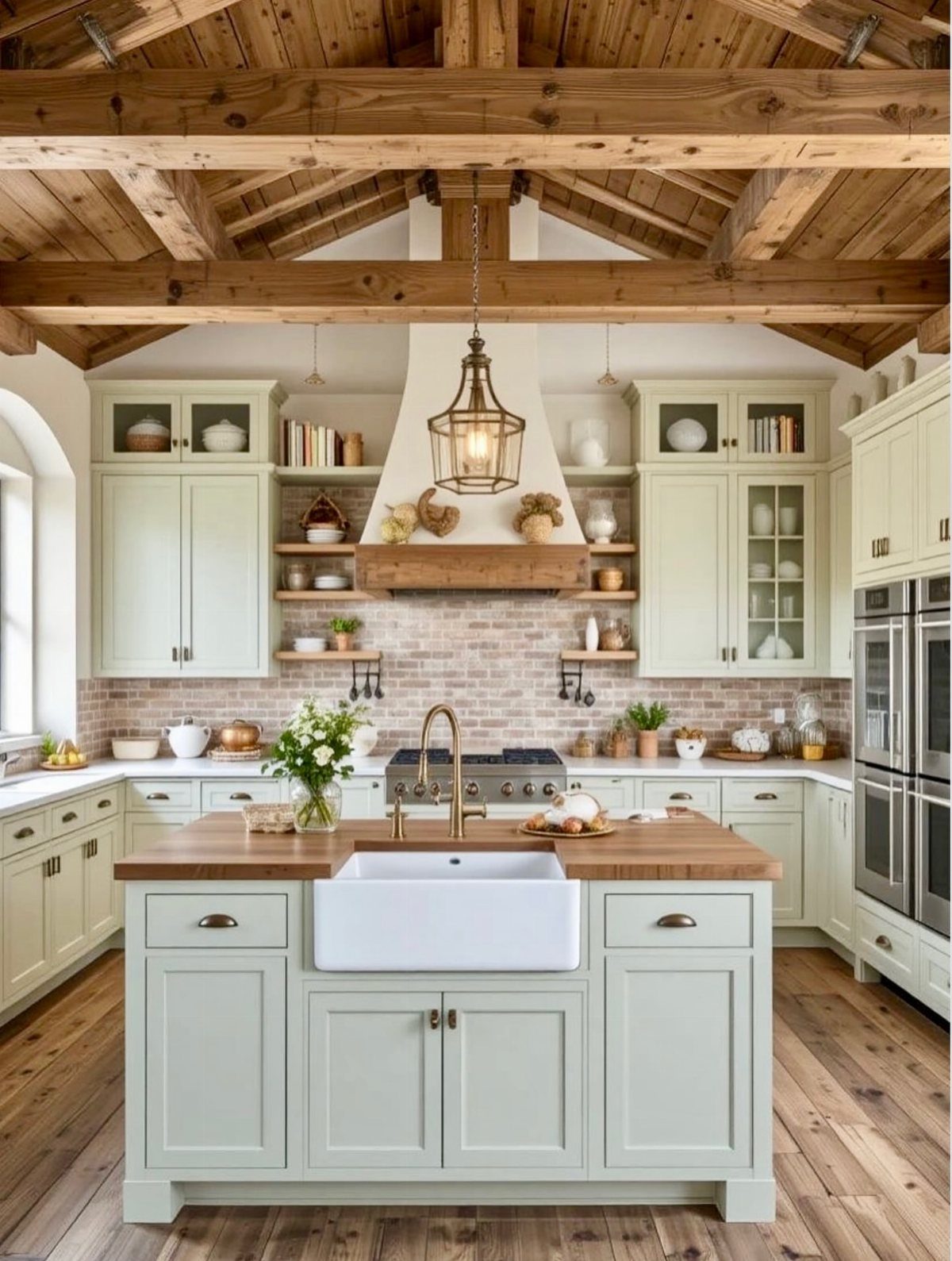 Light green kitchen island with wooden top and white farmhouse sink in rustic kitchen