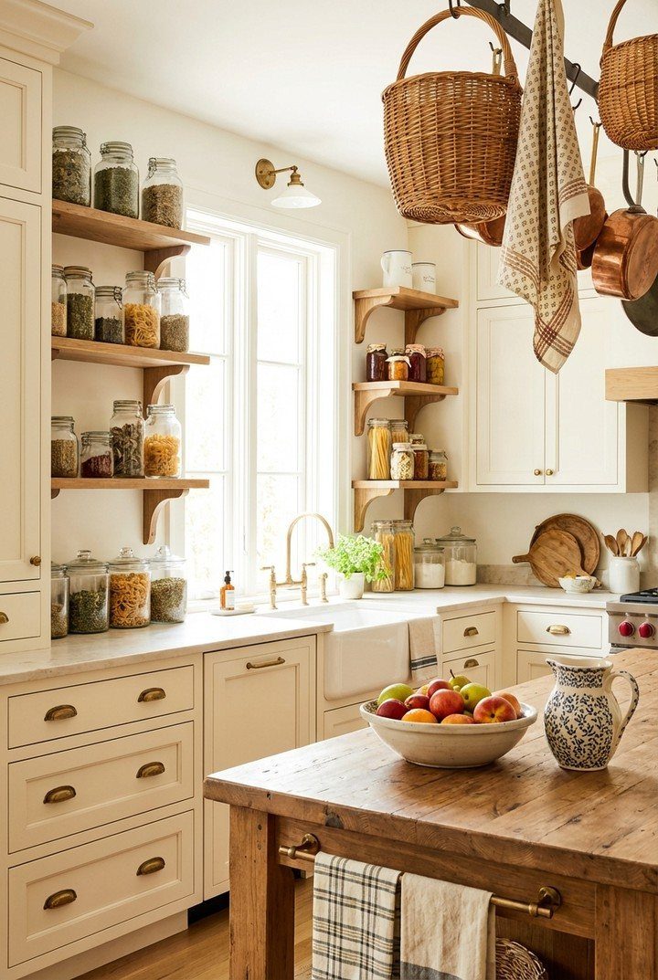 Wooden open shelves holding glass jars of spices in a farmhouse kitchen.