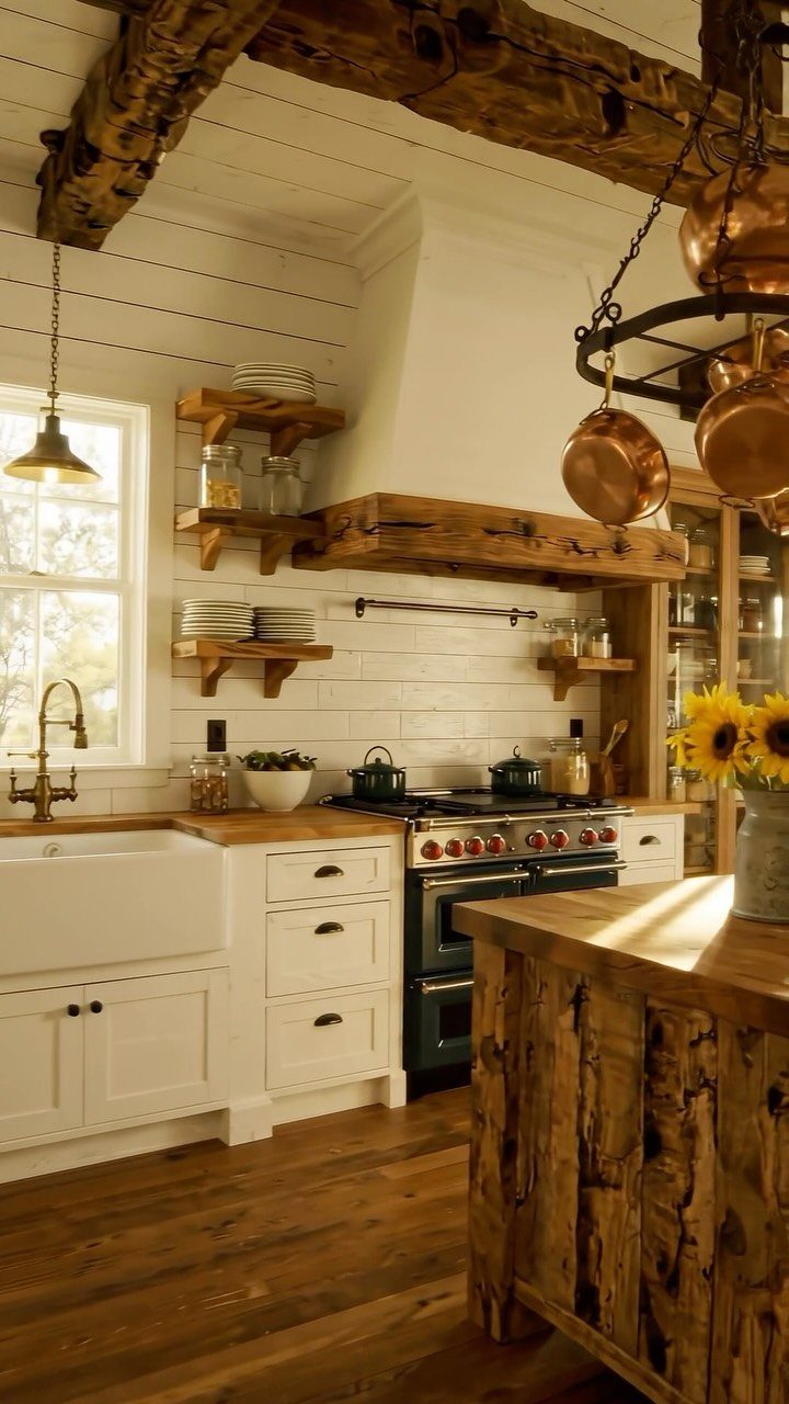 Copper pots hanging from a circular pot rack in a rustic farmhouse kitchen