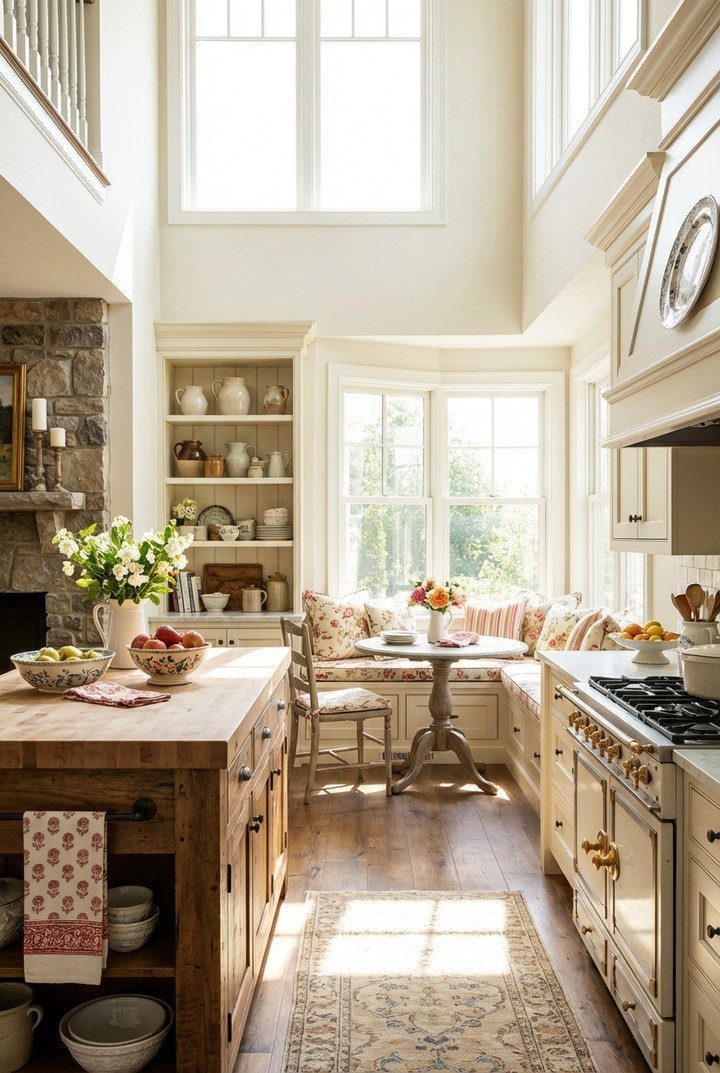 Wooden kitchen island with butcher block top in a bright French farmhouse kitchen.